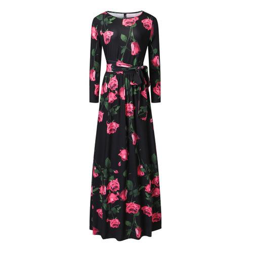 Autumn New Muslim Floral Rose Print Abaya in Dubai Islamic Clothing