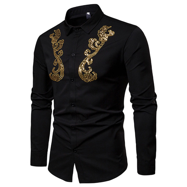 E-BAIHUI 2019 summer new fashion chest gold lace embroidery shirt gentleman dynamic men's lapel long-sleeved shirt L077