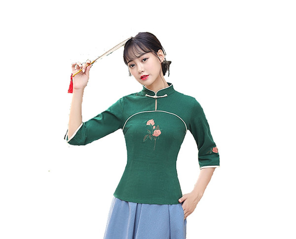 Shanghai Story New Sale traditional chinese tops 3/4 Sleeve cheongsam top traditional Chinese Linen Top Linen blouse top