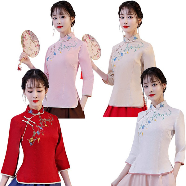 Shanghai Story Traditional chinese tops Long Sleeve cheongsam top Flower Embroidery Linen Blouse top 4 Color