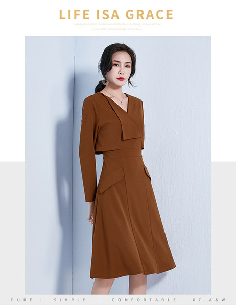 2019 Autumn And Winter New Style Long-Sleeve Solid Color Knitted Dress Irregular Panel MIDI Skirt Mock Two-Piece Cool Dress Fema