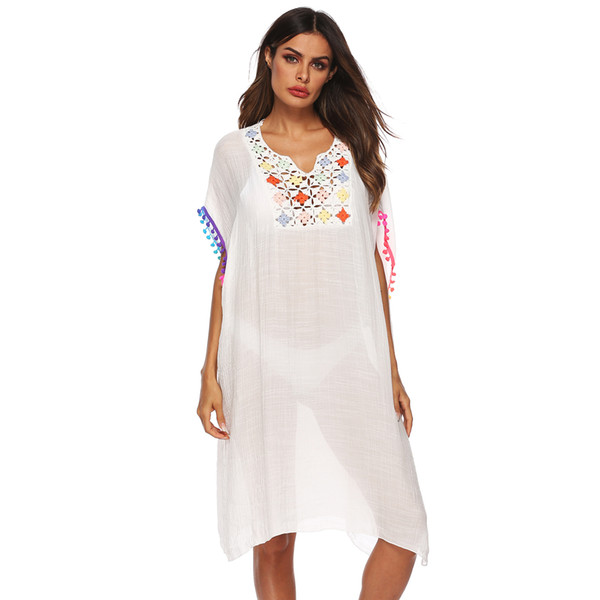 Cross-Border Women Loose Crochet Panel Lace Fringed Beach Cover-up Dress