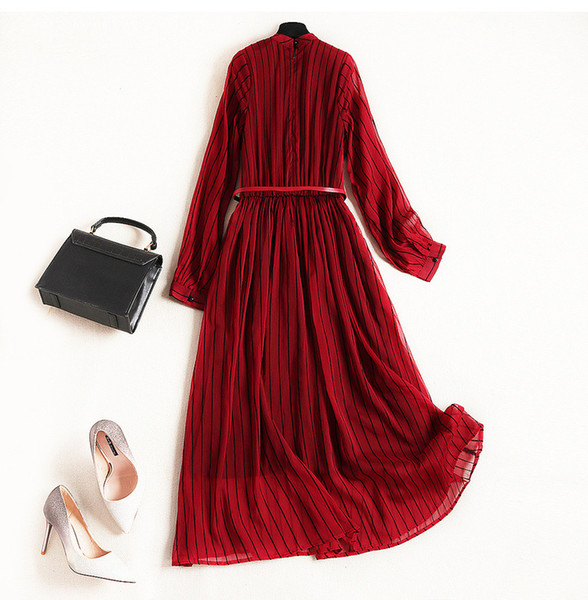 2019 Spring New Style Chiffon Dress European And American Women Fashion Long-Sleeve Paneled High-Waist Striped Dress