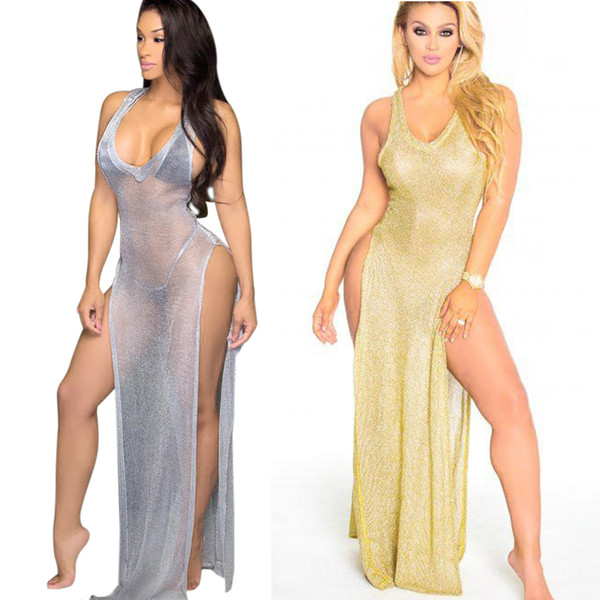 Buyter(TM) Gold Double Side High Split Out Maxi New Sexy Through Long Tank Hot Summer Style Beachwear Dress