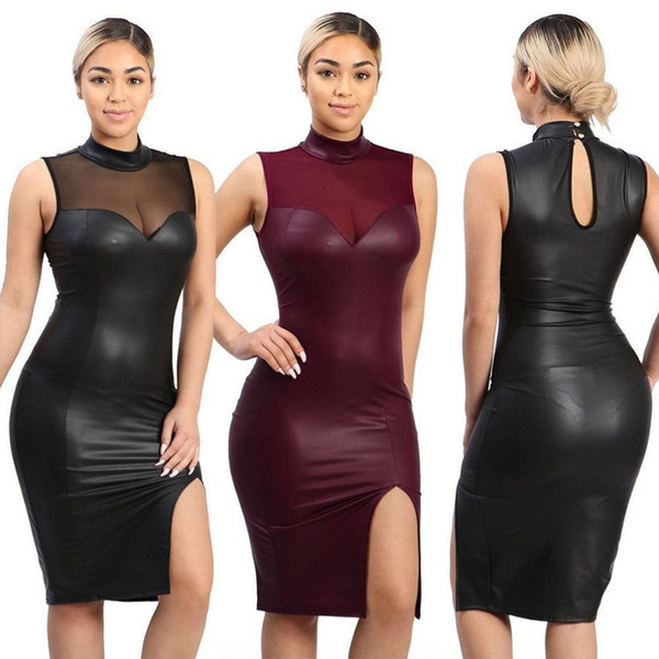 Buyter(TM) Hot New arrive o neck black women leather dresses sleeveless fashion party club dress