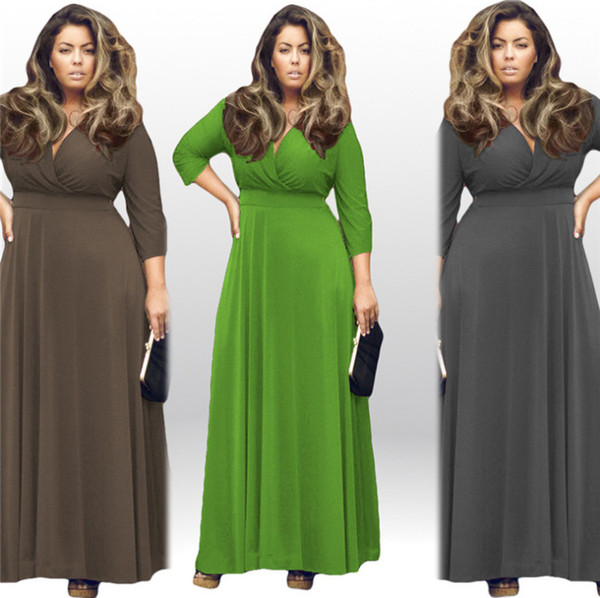 Buyter(TM) Plus Size L-XXXXL Sexy Women Summer Maxi Solid V-neck Three Quarter Sleeve Elegant Evening Party Dress