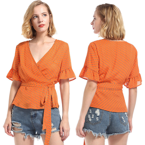 Hot exploded short sleeve wave Dot Chiffon sweater European and American women's casual wear orange T-shirt