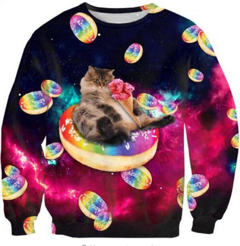 Sondirane Donut Cat Sweatshirt 3D Full Space Hoodies Casual Long Sleeve Galaxy Crewneck Cat Sweet Food Jumper Tops Outerwear 6XL