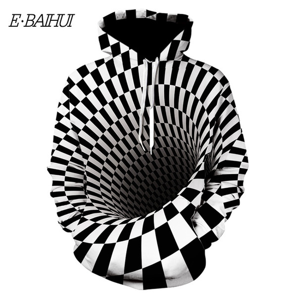 E-BAIHUI Mens Swirl Printed Pullover Round Neck Sweatshirt T-shirt Black and White Tide Men Casual Visual Effects Hooded sweater WT-D02