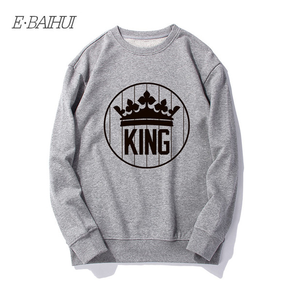 E-BAIHUI Men Sweatshirt Long Sleeve Original Fashion Crown Letter with King Print Loose Pullover Cotton Crew Neck Men Sweatshirt WD-120