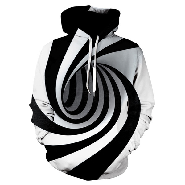 E-BAIHUI Mens Swirl Printed Pullover Round Neck Sweatshirt T-shirt Black and White Tide Men Casual Visual Effects Hooded sweater WT-D01