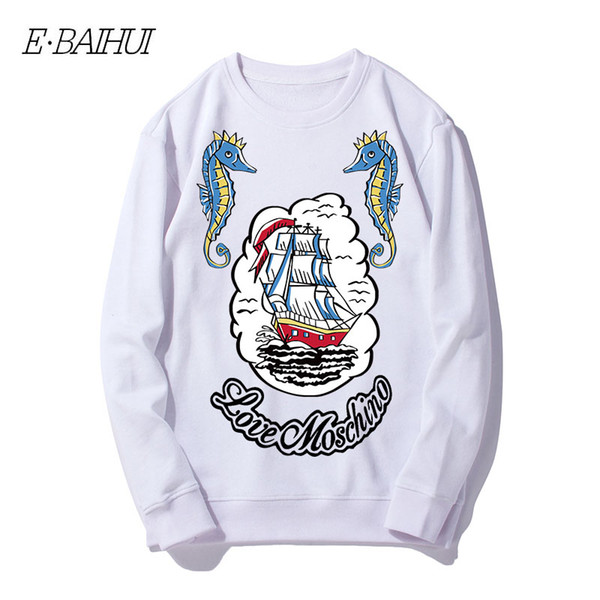 E-BAIHUI Winter Men Sweatshirt Long Sleeve Seahorse Sailboat Print Loose Pullover Sweaters Cotton Crew Neck Men Youth Sweatshirt WD-112