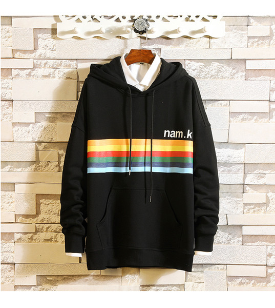 Men's New Autumn Stitching Color Rainbow Striped Hoodie Men's Fashion Youth Cotton High Quality Pullover Asian Size M-2XL