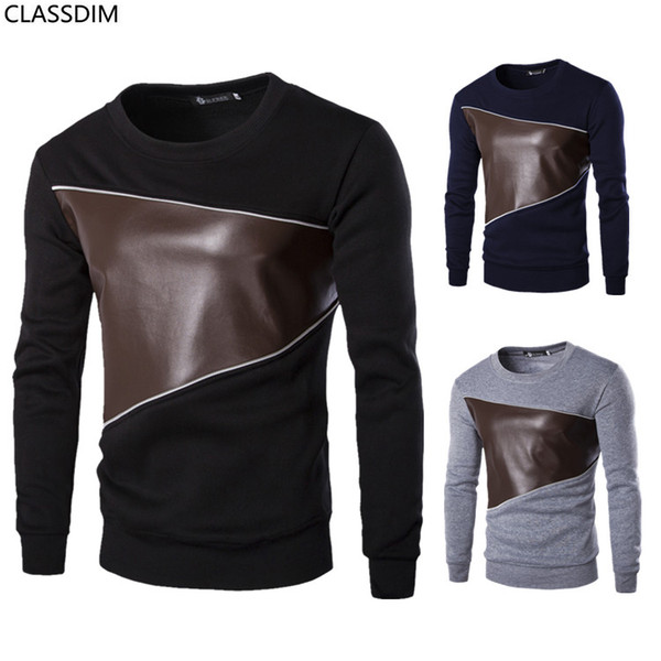 Men's Leisure Sports PU Stitching Round Neck Sweater Men's Casual Skinny Sweater 3 Colors Size M-2XL