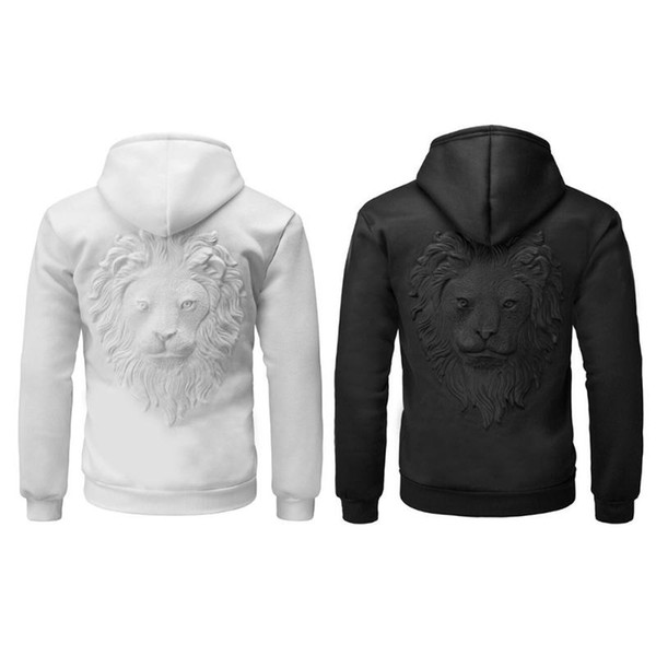 Autumn Winter 3D Lion Head Print Embossing Men's Hoodie Casual Solid Hooded Sweatshirt Male Black White Personality Hoodies