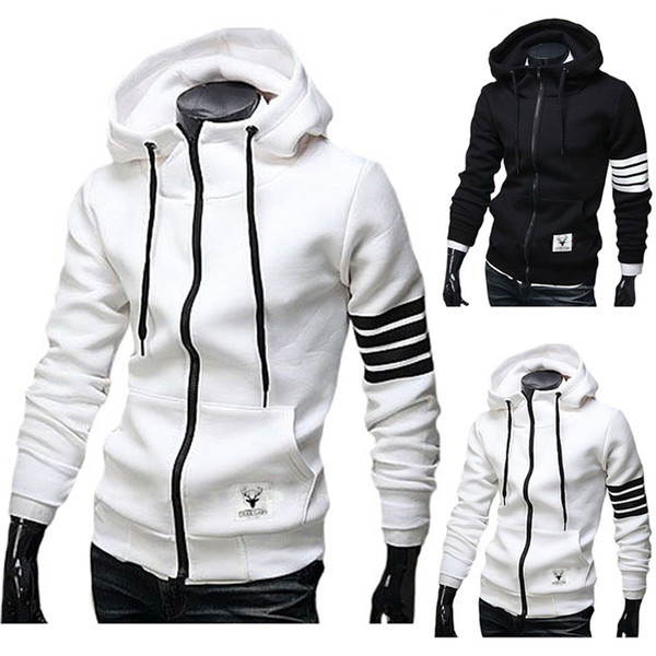 Wholesale- Men Hoodies Sweatshirt Casual Male Hooded Jacket Long Sleeve Slim Design Mens Zipper Hoodie Black /White Color with pocket