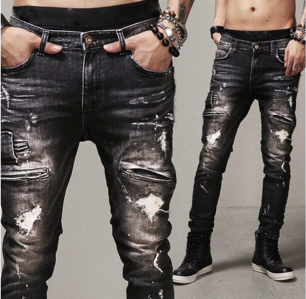 heat Men's hole black jeans men's autumn and winter explosions large size 28-42 fashion men's distressed straight motorcycle jeans