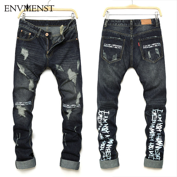 Envmenst 2017 Summer New Fashion Designer Letter Printed Men's Biker Jeans Casual Street Hip Hop Style Ripped Denim Pencil Pants