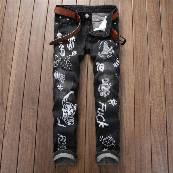 Wholesale-2016 Vintage Printed Jeans Men High Quality Fashion Denim Overalls Mens Straight Elastic Biker Jeans Brand Clothing Plus Size