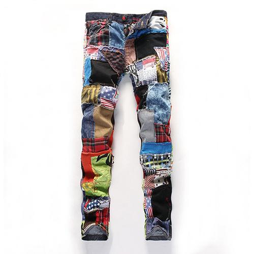 Wholesale-Men's Fashion Cool Style Multicolor Patchwork Straight Tube Full Length Button Jeans Good Quality