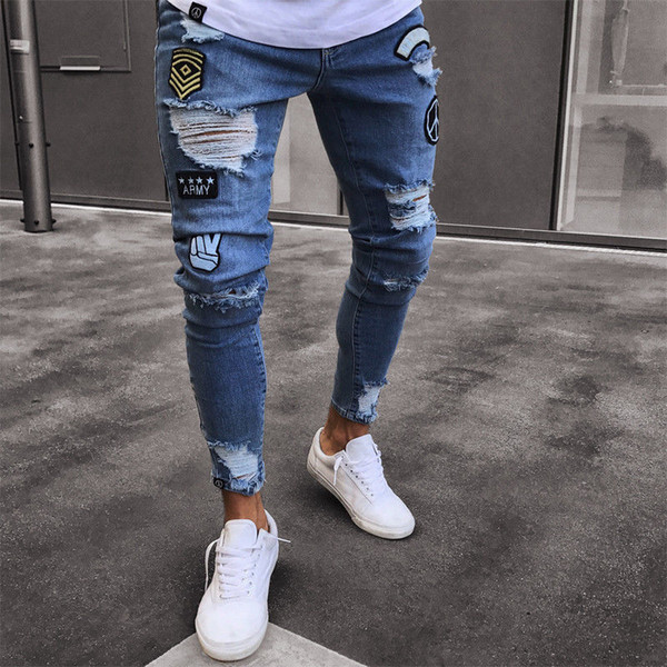 Fashion Men Patch Hole Ripped Skinny Biker Jeans Destroyed Frayed Slim Fit Denim Pants Biker Jean