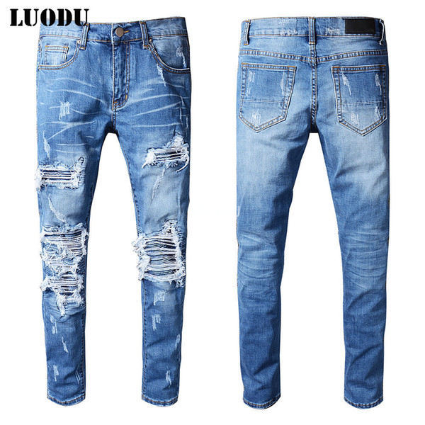 New Italy Style #513# Mens Distressed Destroy Pants Knee Ribbed Patches Blue Denim Skinny Biker Jeans Slim Trousers Size 28-40