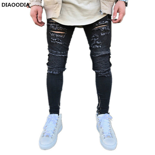 2017 Men's Black Pant Stretchy Ripped Skinny Biker Jeans Slim Fit Pleated Ripped Elasticity Male Tight Mid Waist Denim Pants