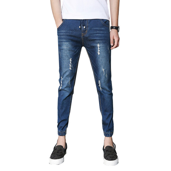 Blue Harem Jeans Men Summer Ultra Thin Ripped Jeans for Men Korean Style Casual Micro-stretchy Slim