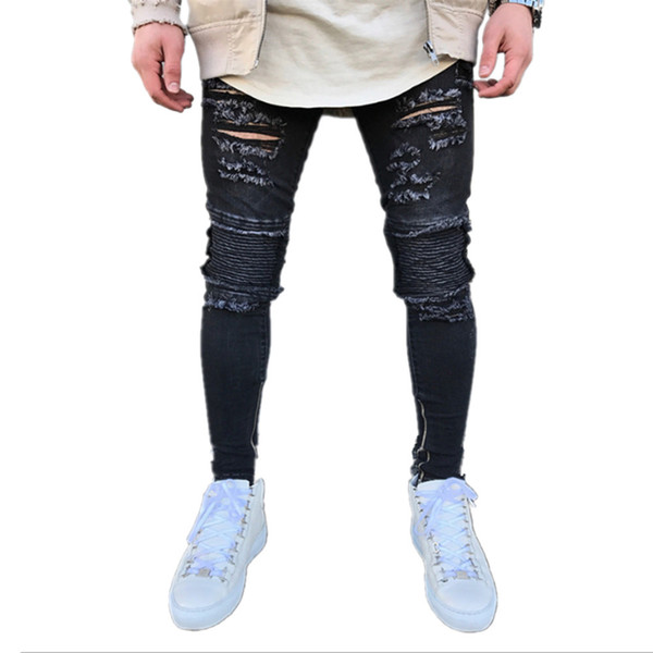 New Style Men's Stretchy Ripped Skinny Biker Jeans Destroyed Taped Slim Fit Denim Pants Drop Shipping