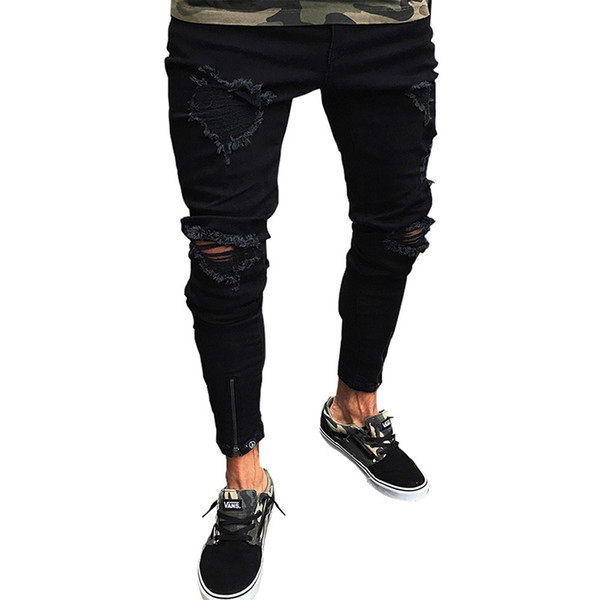 New Men Shredded Hole Jeans Man Skinny Pants Knee Ripped Hole Destroyed Distressed Pencil Pants Stretchy Jeans Trousers