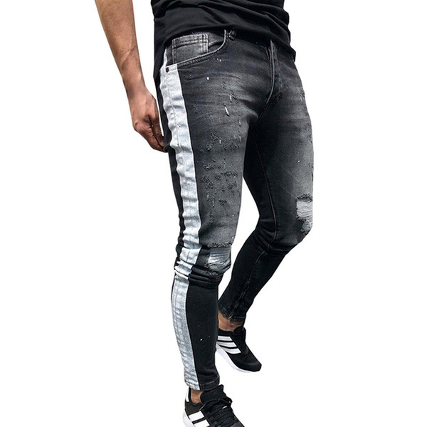 Black Skinny Jeans Men Hip Hop Stripe Ripped Elastic Slim Fit Jeans Male Stretchy Pants 2018