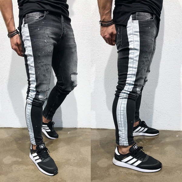 Men denim ripped hole Jeans side striped line Jeans Fashion Hip hop Skinny pencil For Men stretch patchwork black