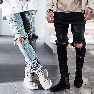 Wholesale-Mens Ripped Skinny Straight Slim Elastic Denim Fit Biker Jeans Pants Long Pants Stylish Straight Slim Fit Jeans