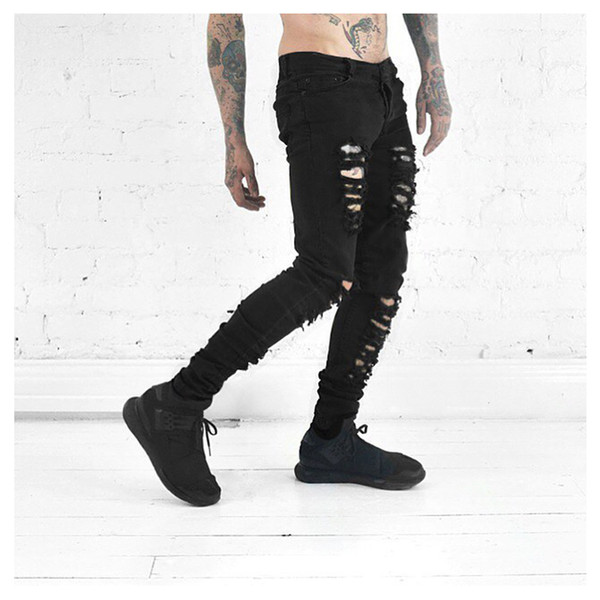 Wholesale-2016 new men's jeans ripped jeans for men skinny Distressed slim famous brand designer biker hip hop swag black slim jeans