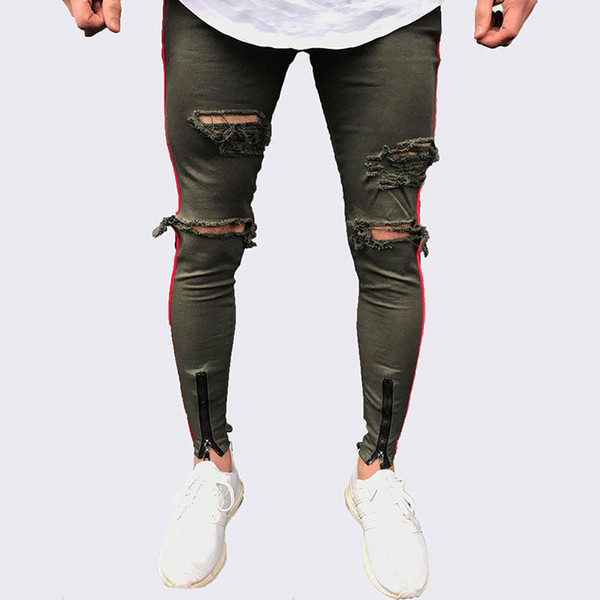 2018 New Arrived Men side red stripe biker jeans denim ripped holes slim supper skinny hip hop jeans men