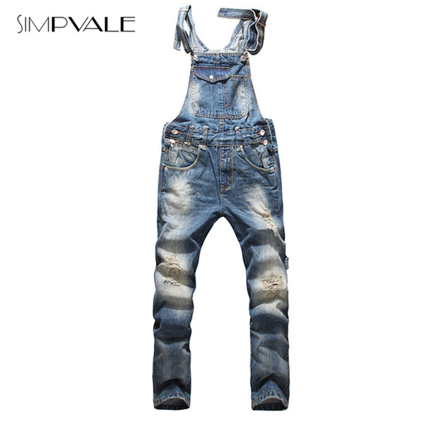 Wholesale-2015 European American Style Fashion Men Hip Hop Overalls Pants Skinny Overalls Ripped Jeans Plus Size Denim Jumpsuit 825