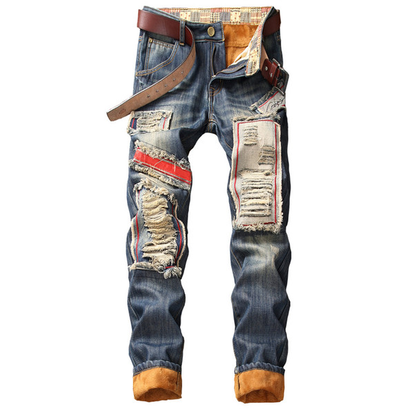 2018 Winter Men's Slim Fit Biker Jeans Pants Hole With Patchwork Denim Trousers For Men Fashion Hip Hop Jeans Plus Size 28-40