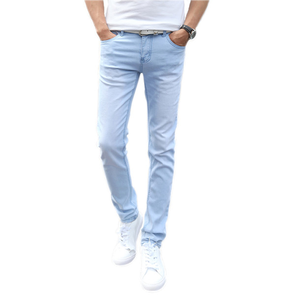 New Jeans Men Fashion Skinny Denim Pencil Pants Slim Denim Jeans Homme Trousers Male Solid Colors Sky Blue Pantalones Size 27-36