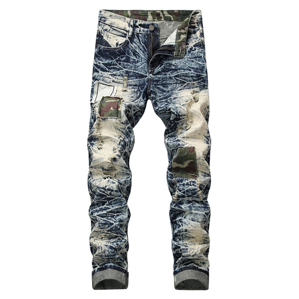 Idopy Fashion Mens Straight Fit Jeans Vintage Washed Camo Patchwork Denim Pants Hip Hop Ripped Jean Trousers For Men