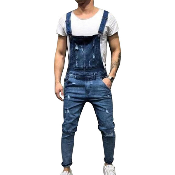 2019 Men Fashion Ripped Jeans Jumpsuits Men Casual Streetwear Sexy Hole Distressed Denim Overalls Hip Hop Suspenders Pants