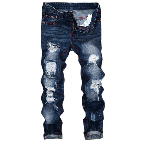 FeiTong Skinny Jeans Men 2018 Vintage Denim Pant Folds Wash Work Frayed Patchwork Zipper Basic Pants Trousers Male