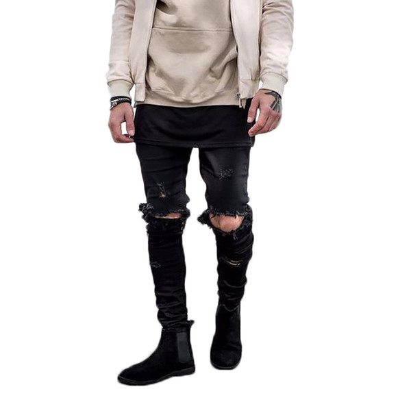 Hip Hop Washed Ripped Jeans Men Frayed Big Hole Slim Fit Casual Long Denim Pants