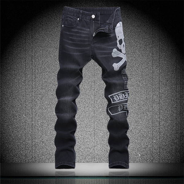 Summer New Arrival Vintage Skull Letter Print Denim Trousers Man Black Slim Jeans