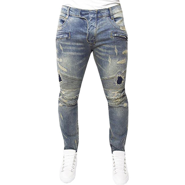 Wholesale-Mens Ripped Biker Jeans 100% Cotton Blue Slim Fit Motorcycle Hole Jeans Men Vintage Distressed Denim Pencil Pants