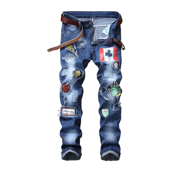 European American Style Men slim jeans straight Denim trousers Badge hole Stretch jeans fashion blue pants for men 1806