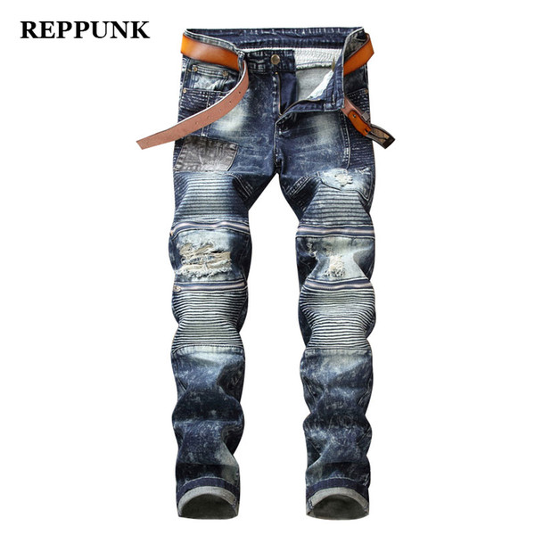 2018 Dropshipping Biker Jeans Men's Distressed Stretch Ripped Biker Jeans male Hip Hop Slim Fit Holes Denim Cotton Pants