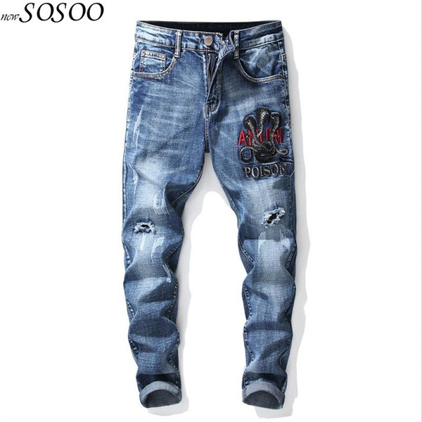 JiSuTong brand Store New Fashion Poison printed men jeans embroidery 100% cotton denim pants top quality mans pants #1772