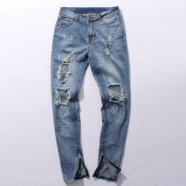 Wholesale-New Hi-Street Men's Blue Ripped Jeans Men Plus Size 30-36 Fashion Male Distressed Skinny Jeans Destroyed Denim Jeans Pants