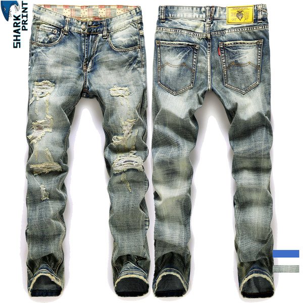 SharkPrint Ripped Denim Jeans Men Classic Slim Fit 2019 New Fashion Casual Biker Stretch Pants Blue Bronze Straight Trousers Men