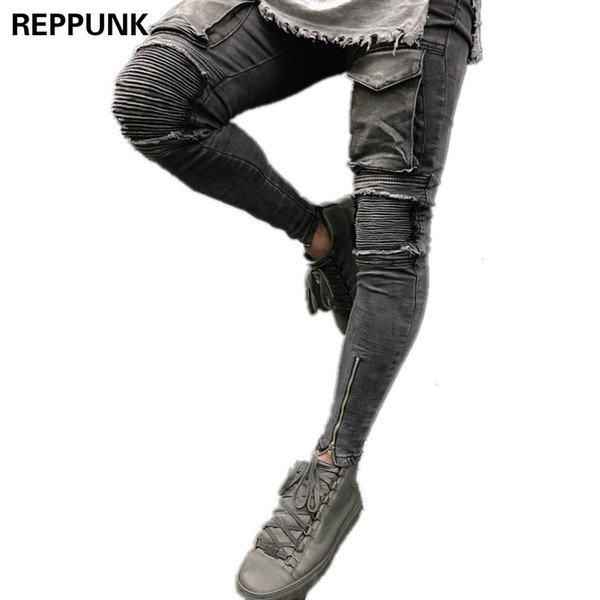 Dropshipping Men Skinny Jeans Washed Gray Moto Denim Pants Ripped Rider Biker Pocket Retro Motorcycle Hip Hop Slim Fit Trousers